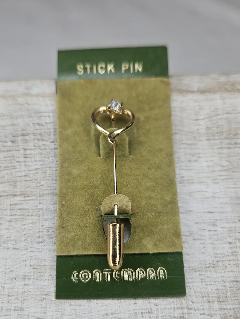 Vintage Gold Tone Heart And Clear Rhinestone Stick Pin 1980s Contempra